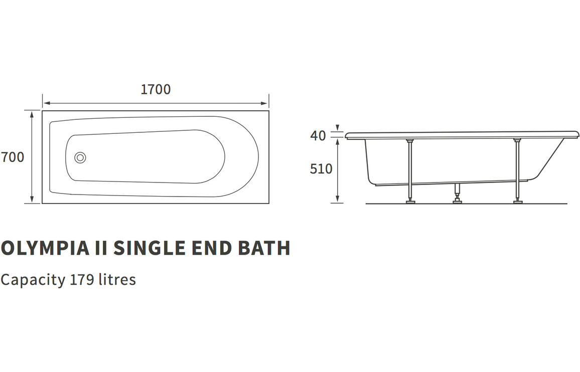 Olympia II Single End 1700x700x510mm 2TH Bath - Image 2