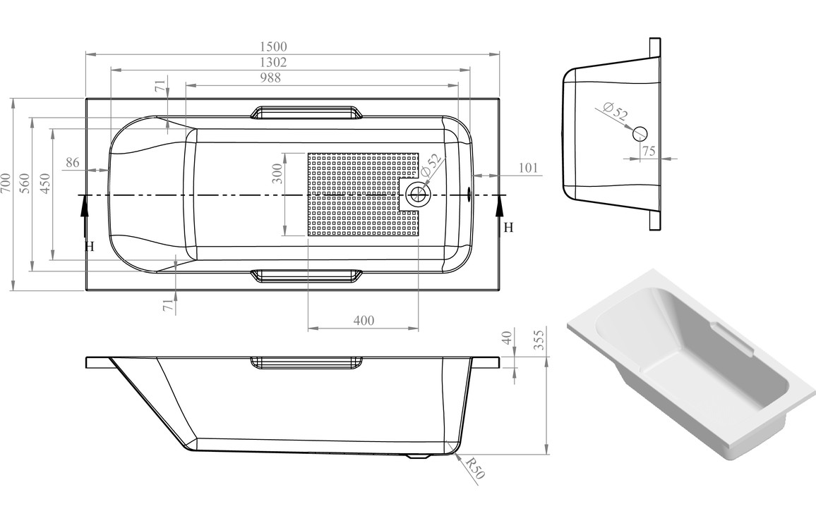 Lomond Gripped 1500x700x550mm 0TH Bath w/Legs - Image 2
