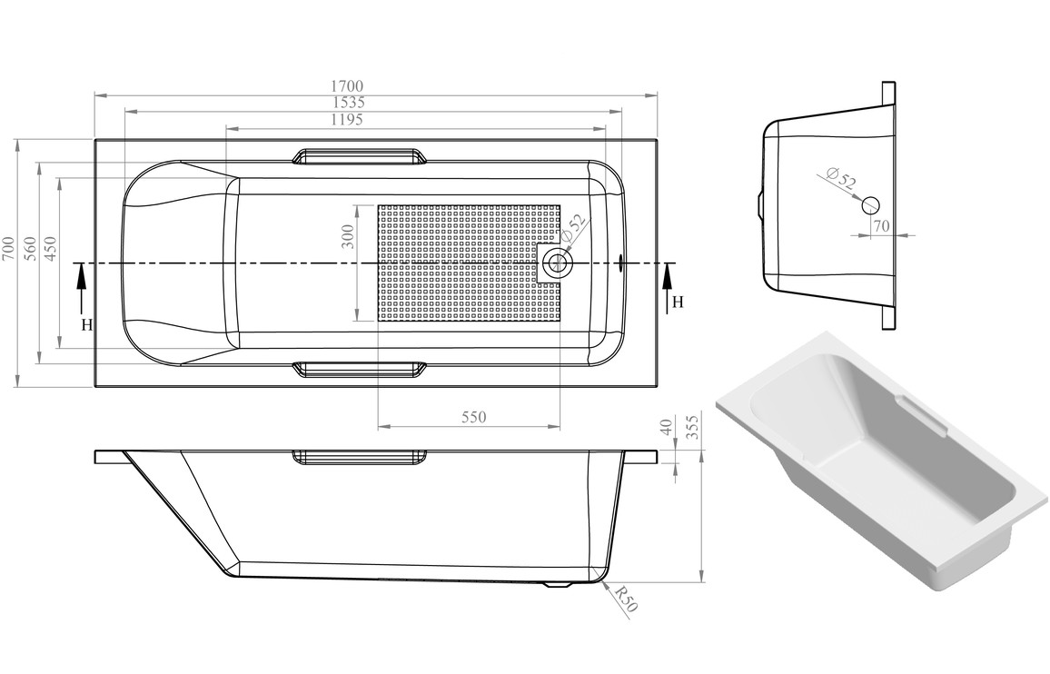 Lomond Gripped SUPERCAST 1700x700x550mm 0TH Bath w/Legs - Image 2