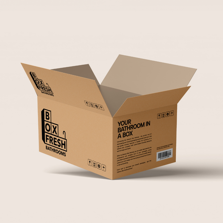 BoxFresh Bathrooms logo on the side of an open box