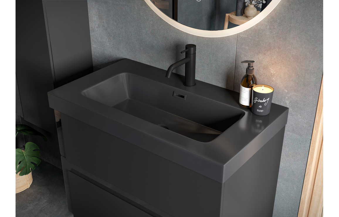 Chicago 615mm Wall Hung 2 Drawer Basin Unit & 0TH White Thin Edge Basin - Matt Black & Glass - Image 3