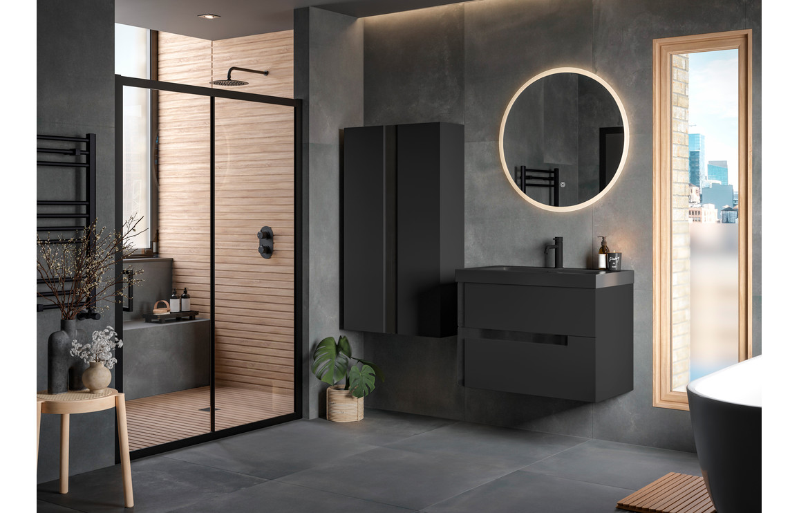 Chicago 615mm Wall Hung 2 Drawer Basin Unit & 0TH White Thin Edge Basin - Matt Black & Glass - Image 2