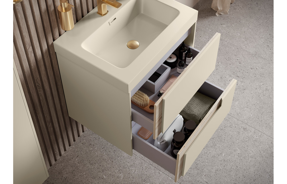 Chicago 1210mm Wall Hung 4 Drawer Basin Unit & 0TH White Thin Edge Basin - Matt Cotton & Oak Effect - Image 3