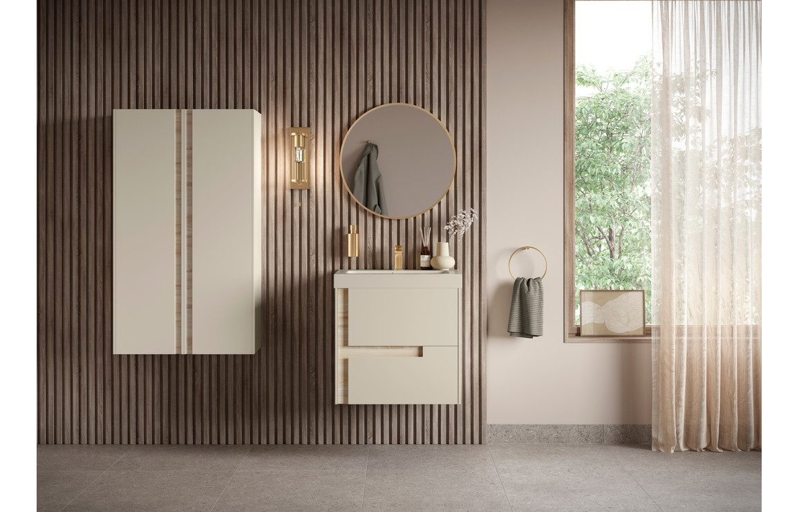 Chicago 1210mm Wall Hung 4 Drawer Basin Unit & 0TH White Thin Edge Basin - Matt Cotton & Oak Effect - Image 2