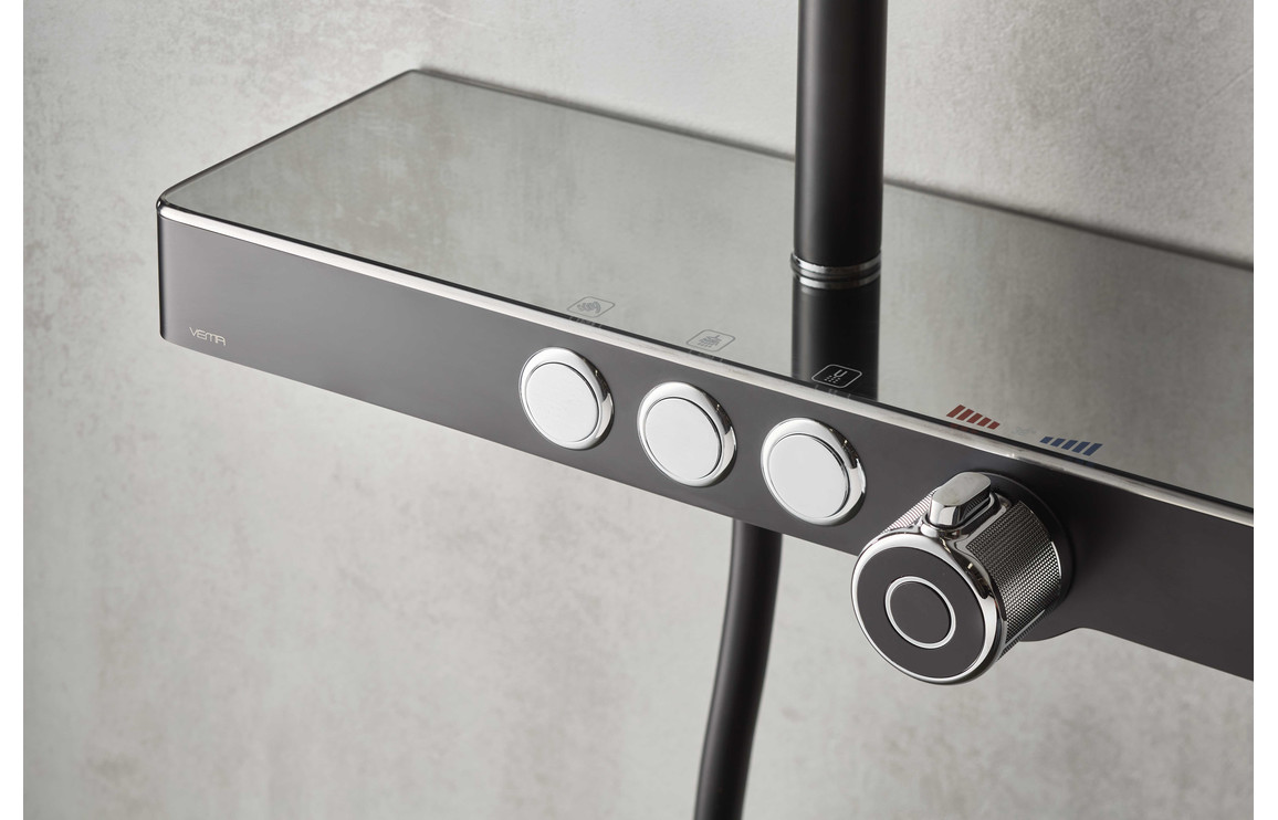 Vema Thermostatic Shower Column w/Fixed Head Riser Shelf & Foot Wash - White/Chrome - Image 2
