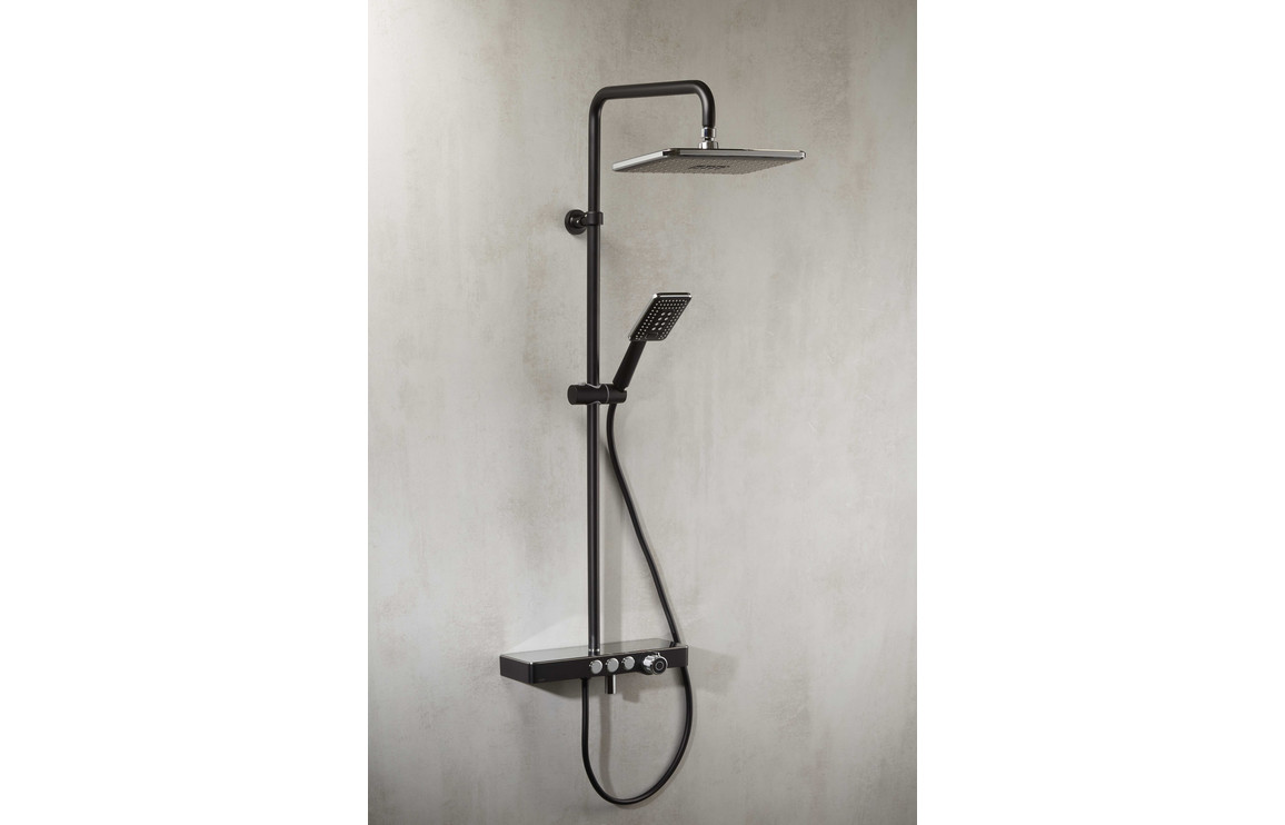 Vema Thermostatic Shower Column w/Fixed Head Riser Shelf & Foot Wash - Black - Image 2