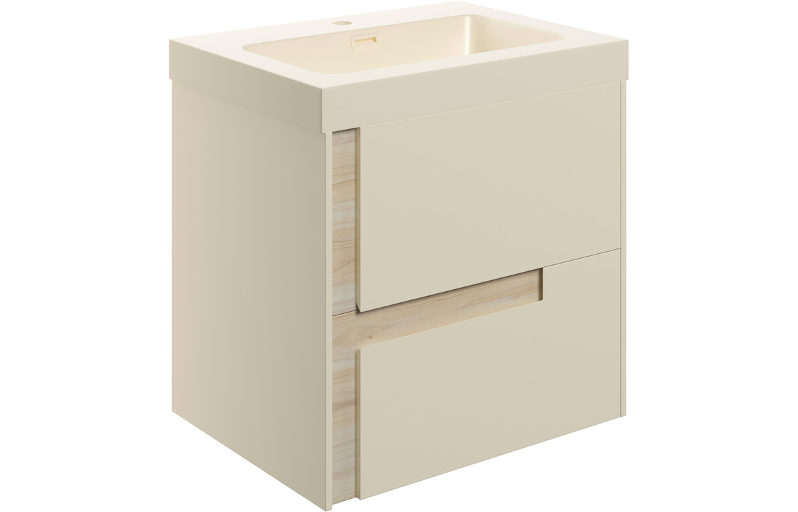 Chicago 605mm Wall Hung 2 Drawer Basin Unit & 1TH Co-ordinating Basin - Matt Cotton & Oak Effect