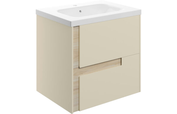Chicago 615mm Wall Hung 2 Drawer Basin Unit & 1TH White Basin - Matt Cotton & Oak Effect