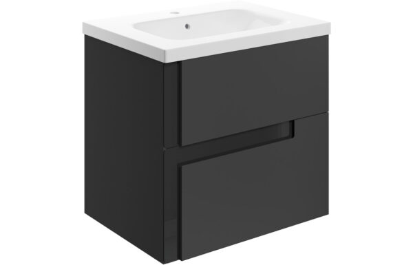 Chicago 615mm Wall Hung 2 Drawer Basin Unit & 1TH White Basin - Matt Black & Glass