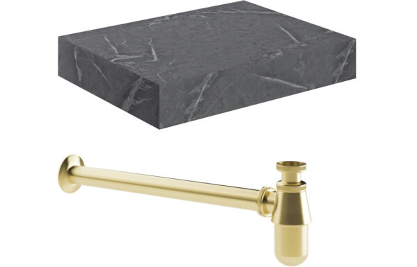Georgia 600mm Wall Hung Grey Marble Basin Shelf & Brushed Brass Bottle Trap