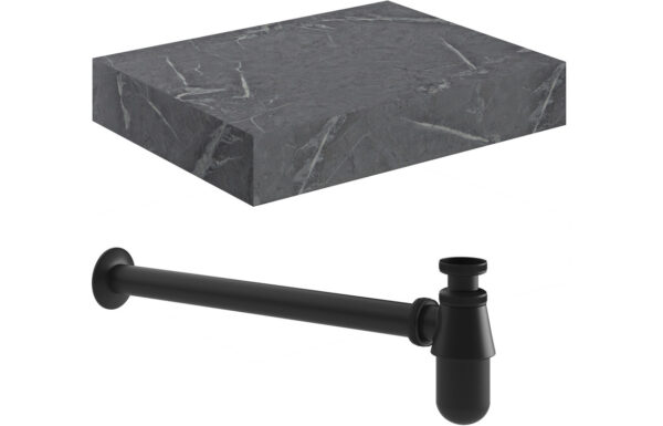 Georgia 600mm Wall Hung Grey Marble Basin Shelf & Black Bottle Trap