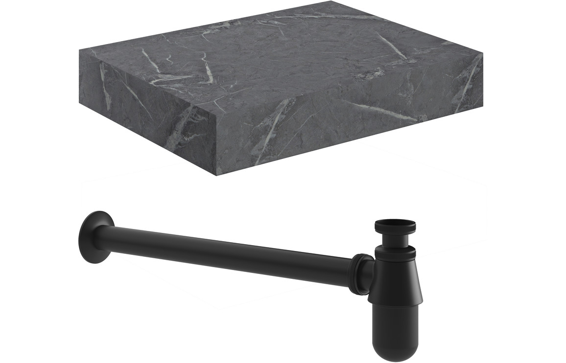 Georgia 600mm Wall Hung Grey Marble Basin Shelf & Black Bottle Trap