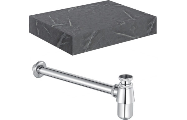 Georgia 600mm Wall Hung Grey Marble Basin Shelf & Chrome Bottle Trap