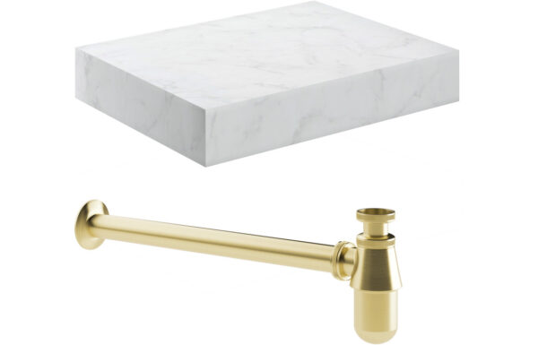 Georgia 600mm Wall Hung White Marble Basin Shelf & Brushed Brass Bottle Trap