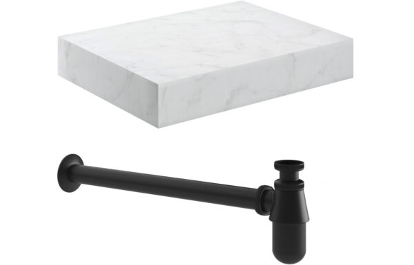 Georgia 600mm Wall Hung White Marble Basin Shelf & Black Bottle Trap