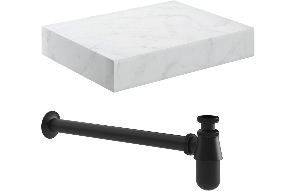 Georgia 600mm Wall Hung White Marble Basin Shelf & Black Bottle Trap