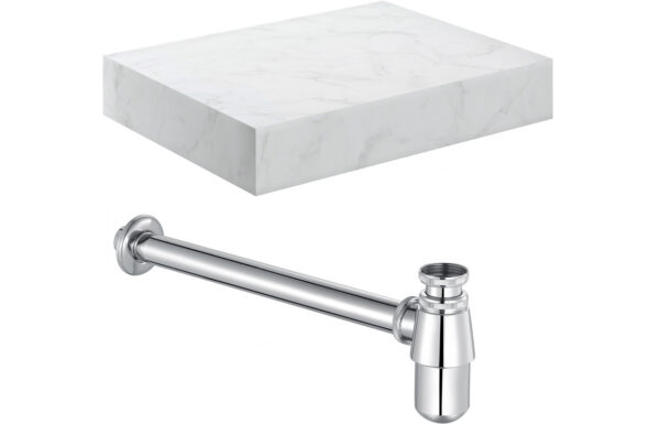 Georgia 600mm Wall Hung White Marble Basin Shelf & Chrome Bottle Trap
