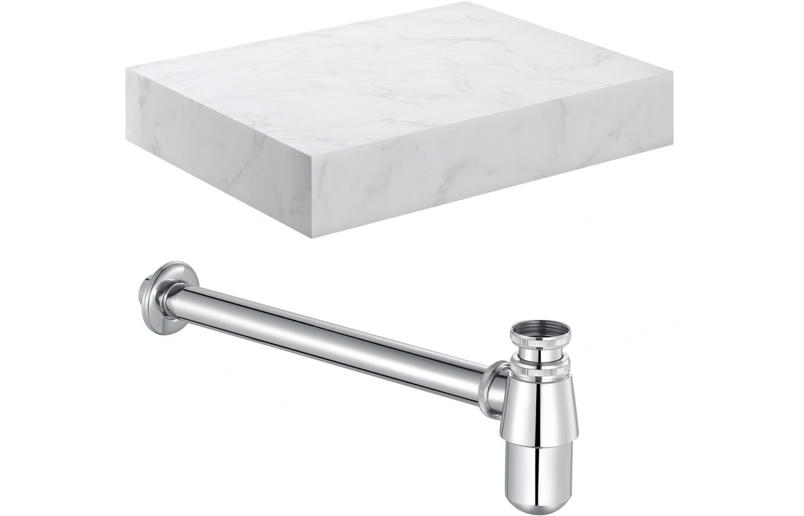Georgia 600mm Wall Hung White Marble Basin Shelf & Chrome Bottle Trap