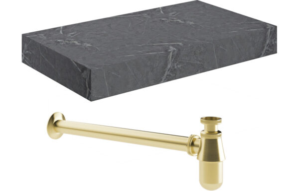 Georgia 800mm Wall Hung Grey Marble Basin Shelf & Brushed Brass Bottle Trap