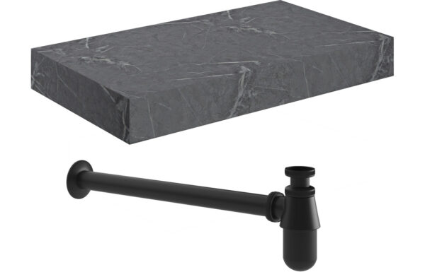 Georgia 800mm Wall Hung Grey Marble Basin Shelf & Black Bottle Trap