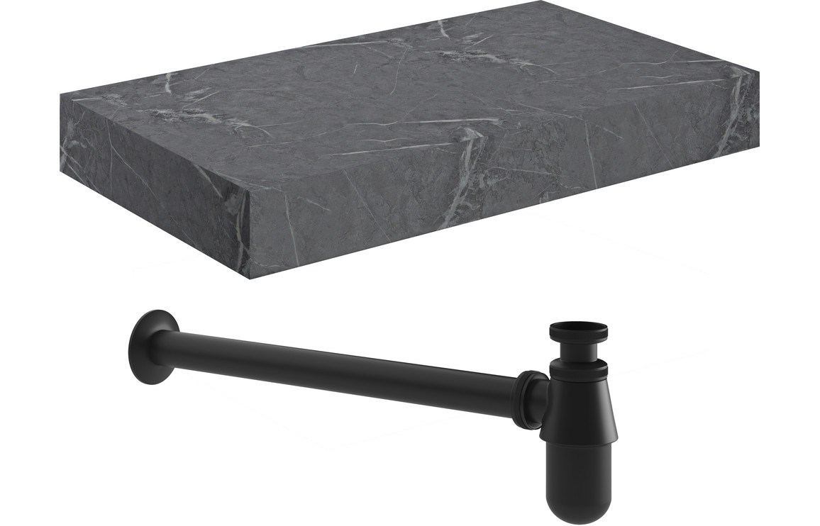 Georgia 800mm Wall Hung Grey Marble Basin Shelf & Black Bottle Trap