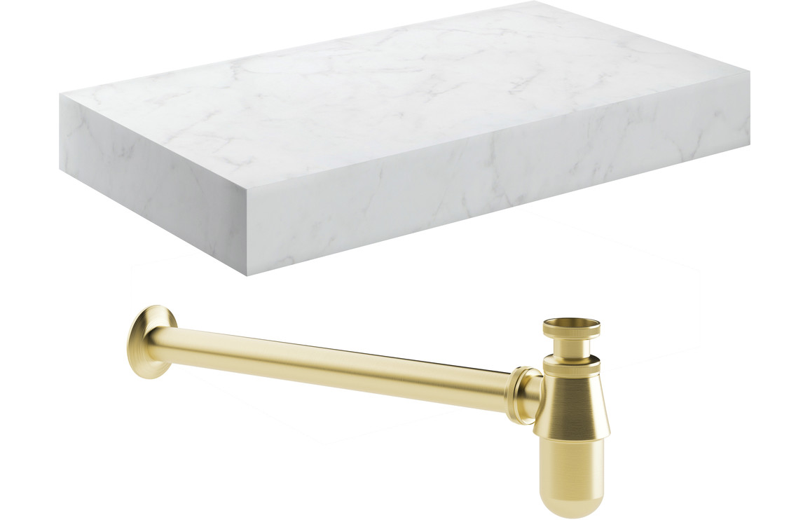 Georgia 800mm Wall Hung White Marble Basin Shelf & Brushed Brass Bottle Trap