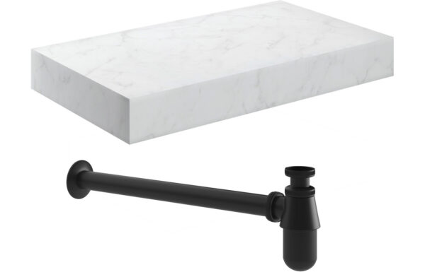 Georgia 800mm Wall Hung White Marble Basin Shelf & Black Bottle Trap