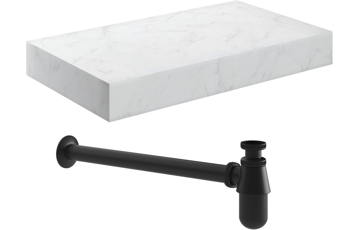 Georgia 800mm Wall Hung White Marble Basin Shelf & Black Bottle Trap