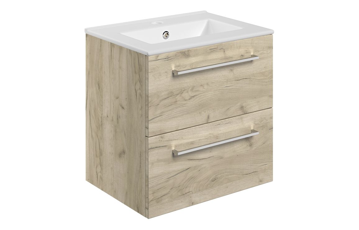 Iowa 510mm Wall Hung 2 Drawer Basin Unit & 1TH Thin Edge Basin - Oak