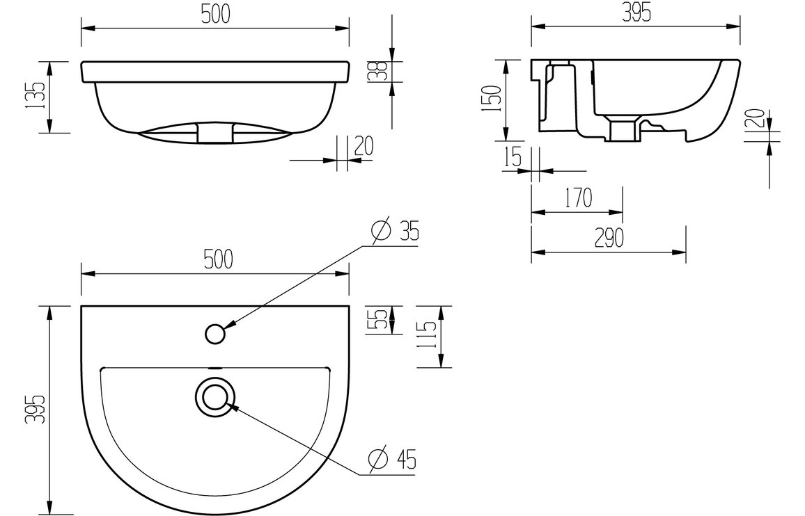 Merrick 500x390mm 1TH Semi Recessed Basin - Image 3