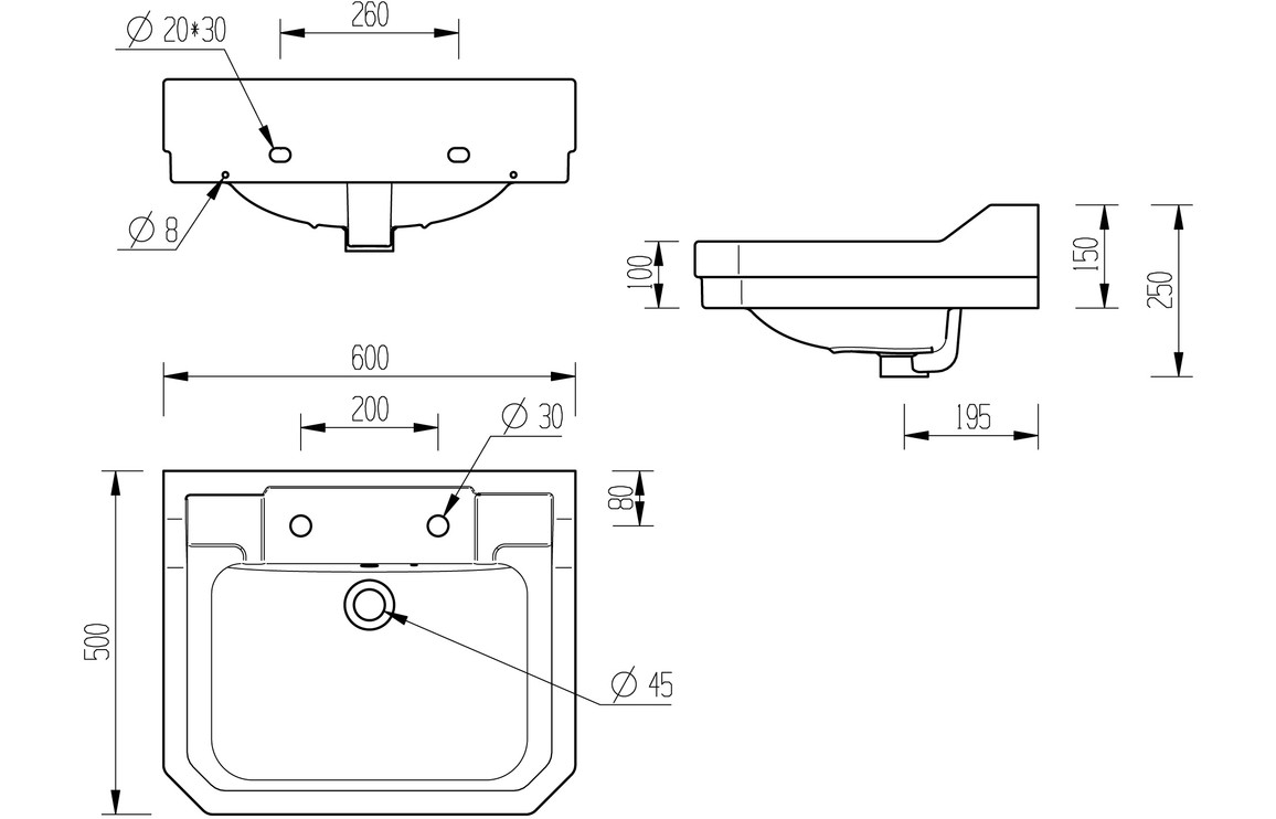 Lair 600x500mm 2TH Basin & Full Pedestal - Image 4