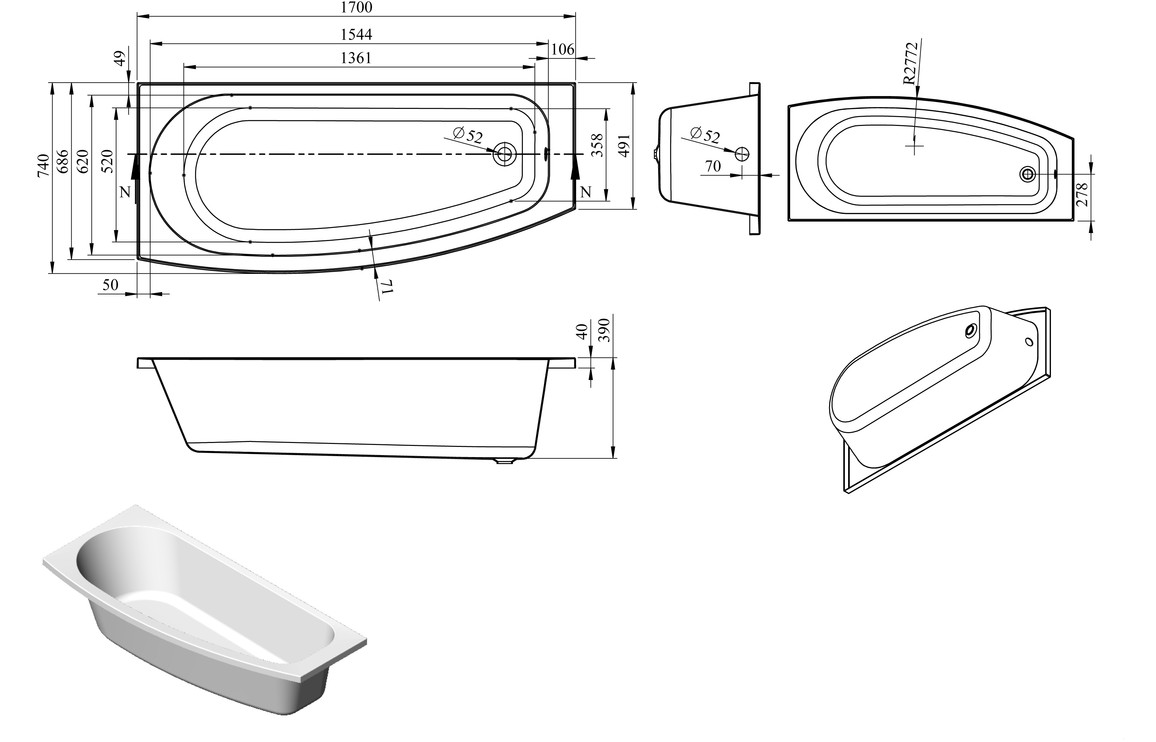 Tetra Space Saving 1700x740x560mm 0TH Bath w/Legs (LH) - Image 2