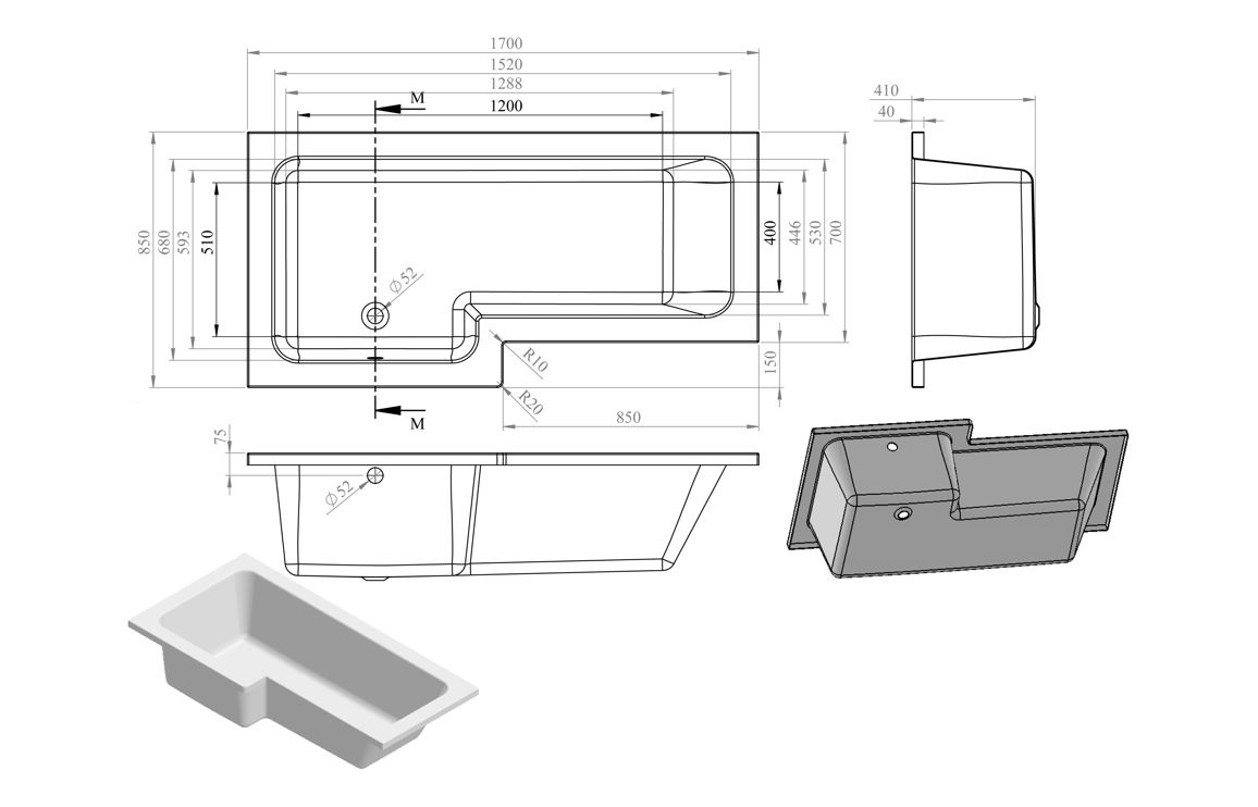 L-Shape Single End 1700x700-850x410mm 0TH Bath Only (LH) - Image 2