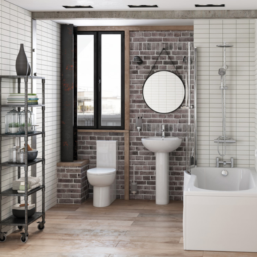 White bathroom with brick wall texture and mirror