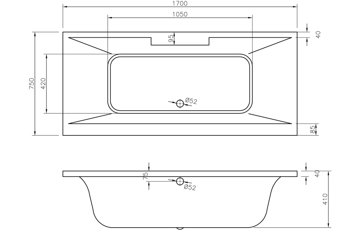 Lochy Deluxe Square Double End 1700x750x550mm 0TH Bath w/Legs - Image 2