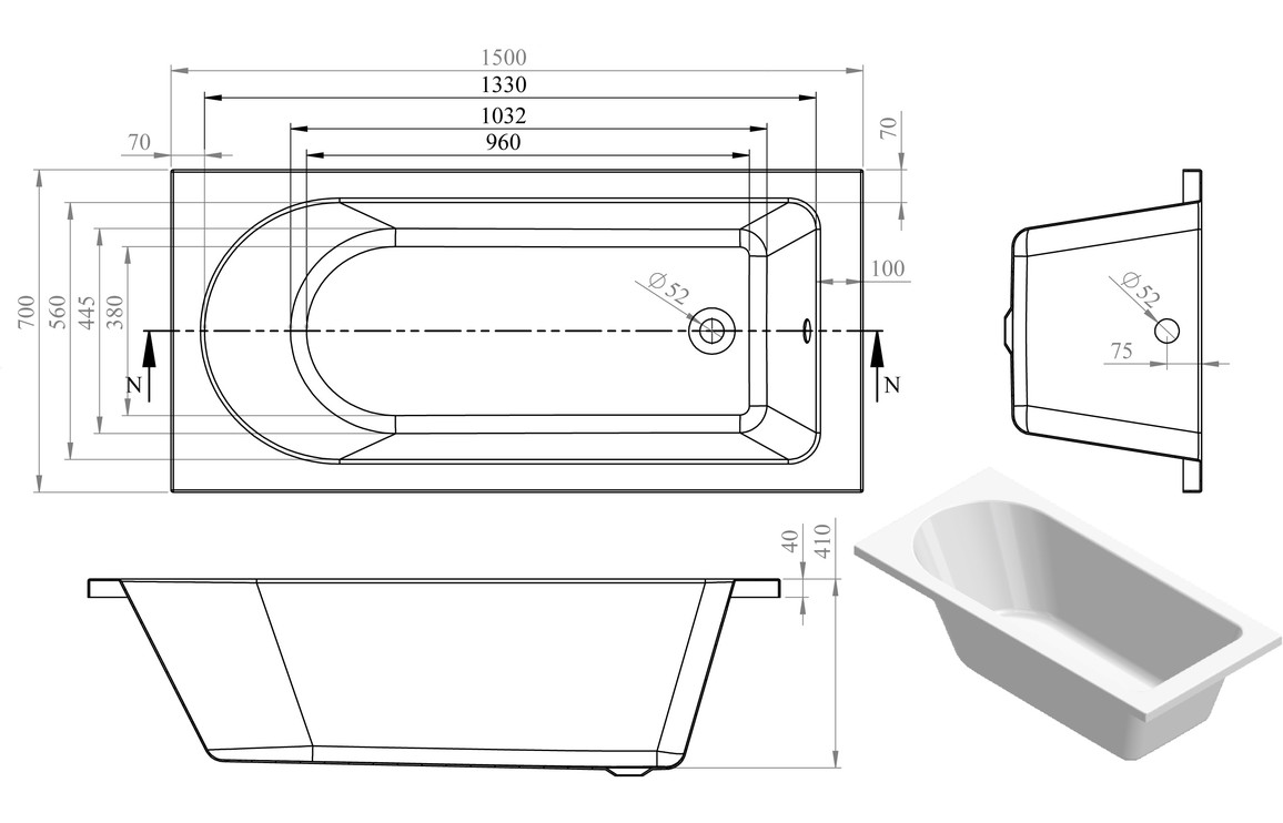 Avon Round Single End 1500x700x550mm 0TH Bath w/Legs - Image 2