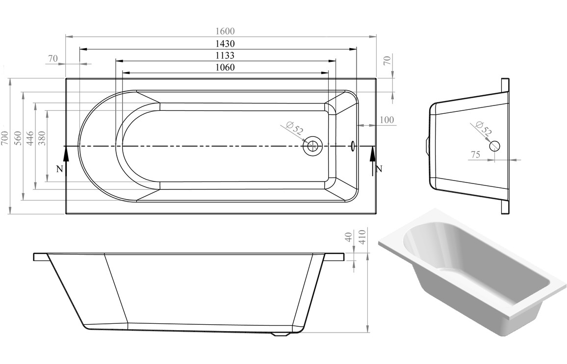 Avon Round Single End SUPERCAST 1600x700x550mm 0TH Bath w/Legs - Image 2