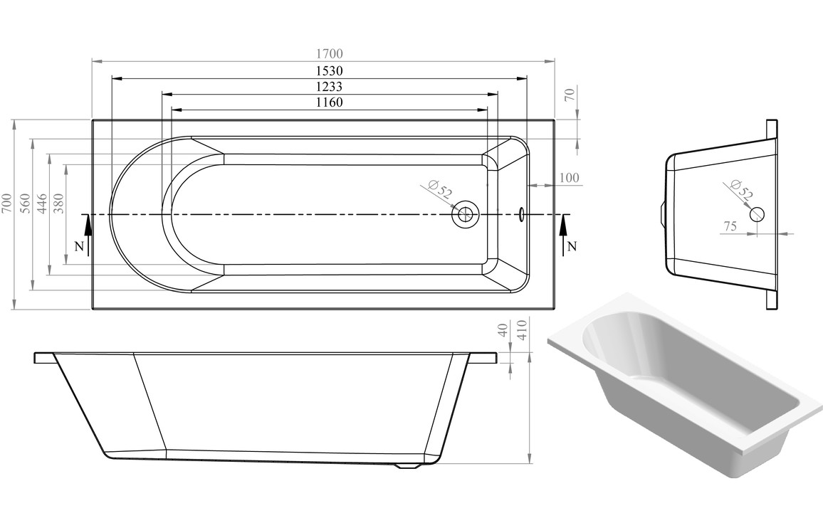 Avon Round Single End SUPERCAST 1700x700x550mm 0TH Bath w/Legs - Image 2