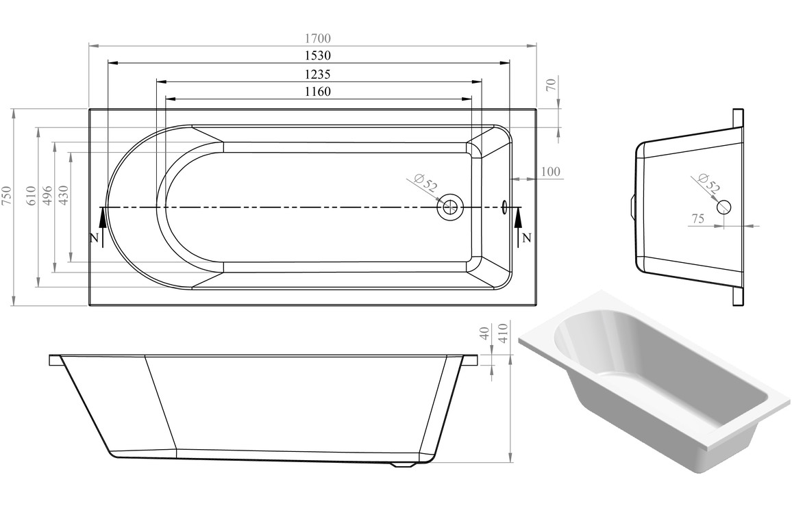 Avon Round Single End SUPERCAST 1700x750x550mm 0TH Bath w/Legs - Image 2