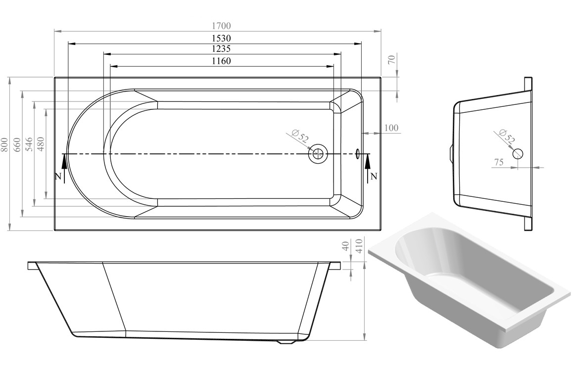 Avon Round Single End 1700x800x550mm 0TH Bath w/Legs - Image 2
