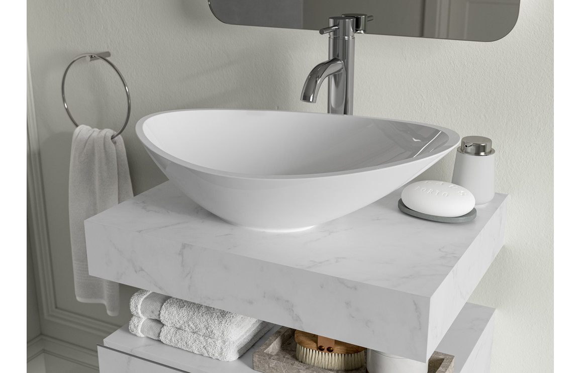 Georgia 600mm Wall Hung White Marble Basin Shelf & Black Bottle Trap - Image 7