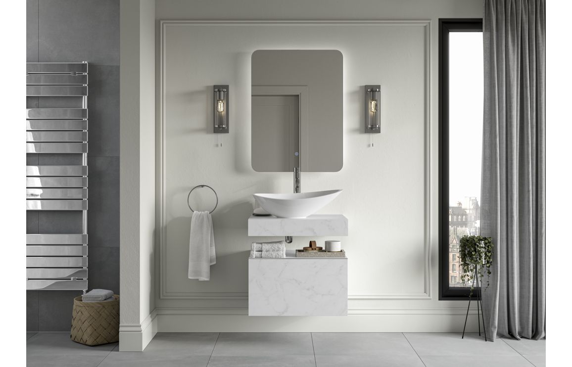 Georgia 600mm Wall Hung White Marble Basin Shelf & Black Bottle Trap - Image 6
