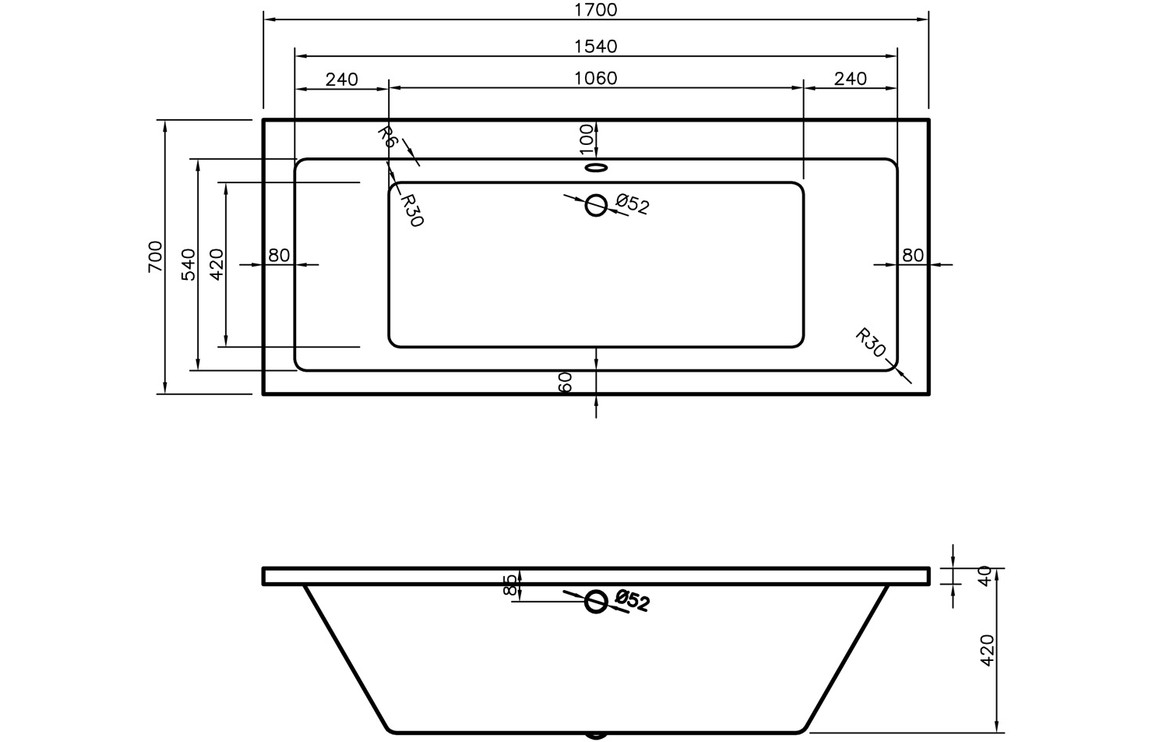 Blair Square Double End SUPERCAST 1700x700x550mm 0TH Bath w/Legs - Image 2