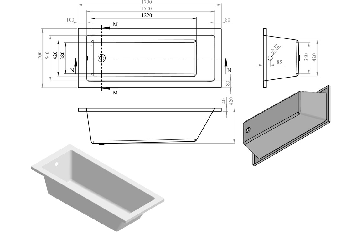 Blair Square Single End 1700x700x550mm 0TH Bath w/Legs - Image 2