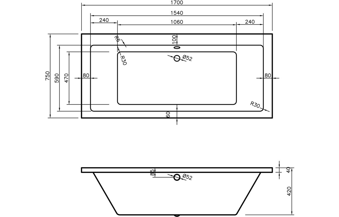 Blair Square Double End SUPERCAST 1700x750x550mm 0TH Bath w/Legs - Image 2