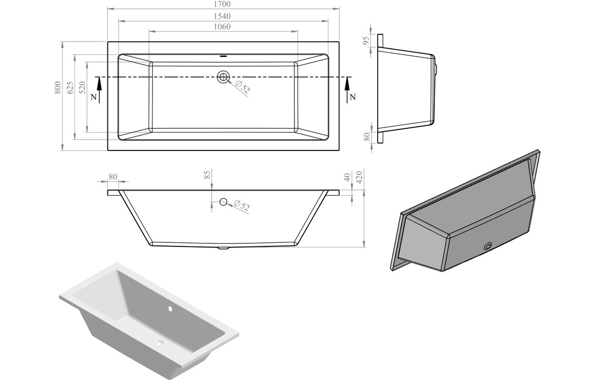 Blair Square Double End 1700x800x550mm 0TH Bath w/Legs - Image 2