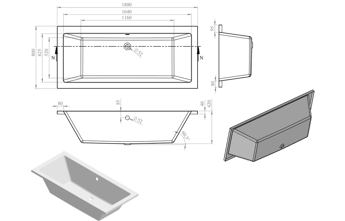 Blair Square Double End 1800x800x550mm 0TH Bath w/Legs - Image 2