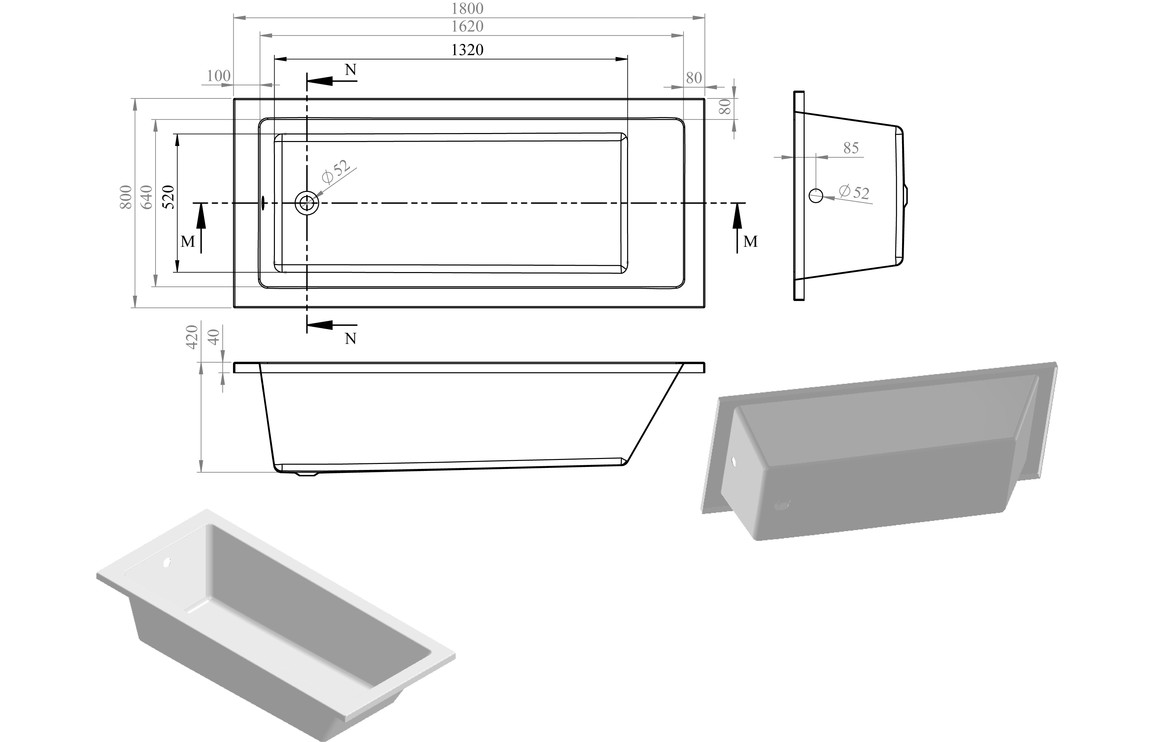 Blair Square Single End 1800x800x550mm 0TH Bath w/Legs - Image 2
