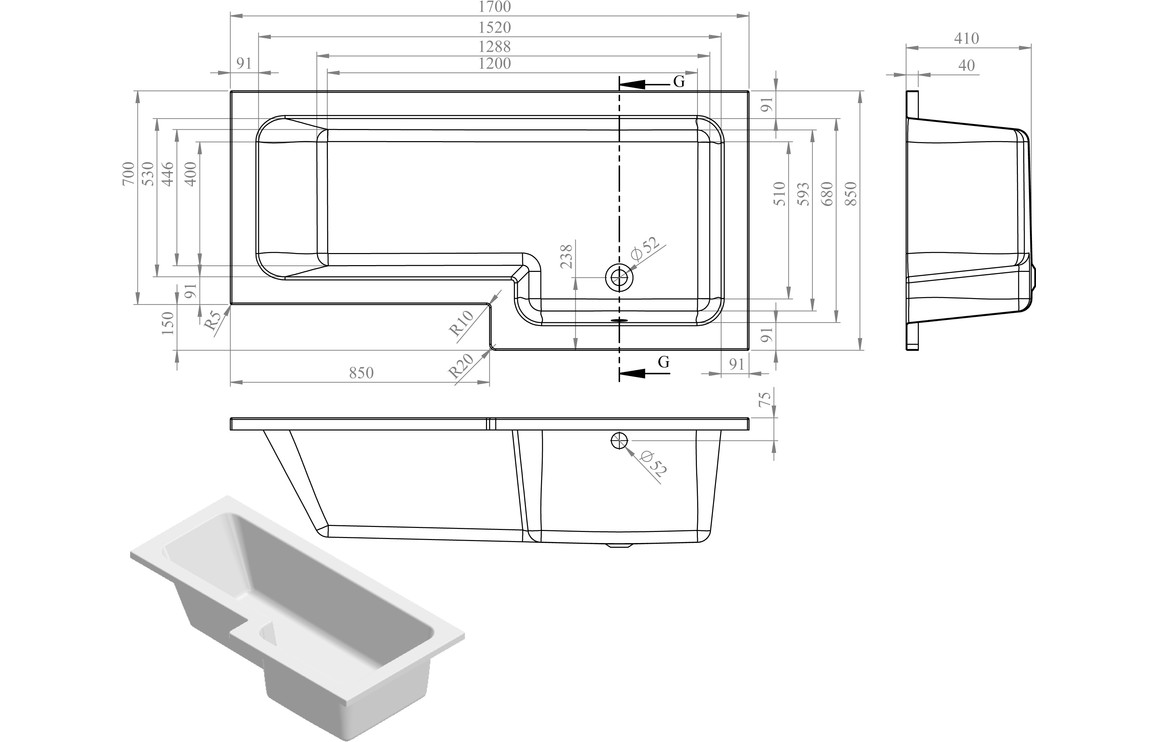 Blair L Shape 1700x850x560mm 0TH Shower Bath Pack (RH) - Brushed Brass