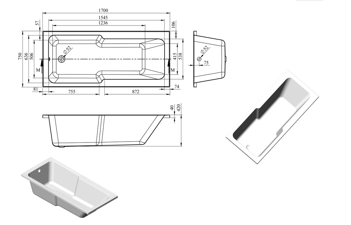 Clar Straight 1700x750x550mm 0TH "C" Shower Bath w/Legs - Image 2